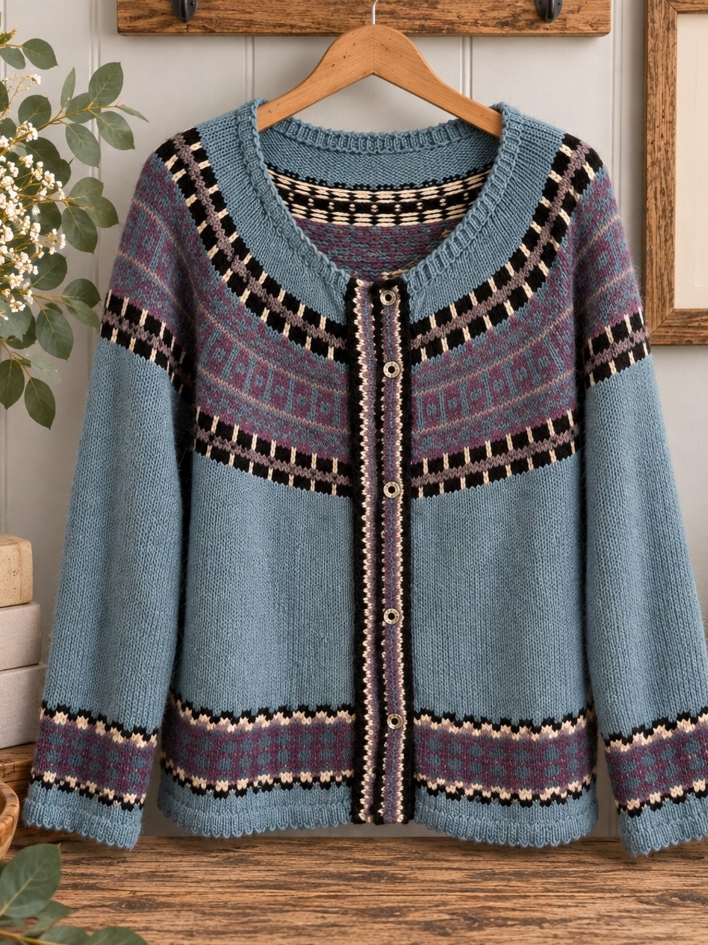 Handmade Wool Blend Fair Isle Cardigan Nordic Folk Art Blue Purple